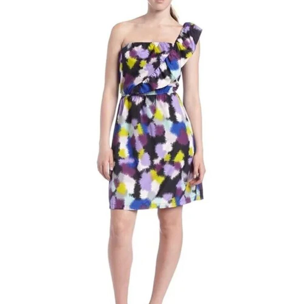 Roxy One Shoulder Ruffle Mini Dress Abstract Print Purple Yellow Women’s XS